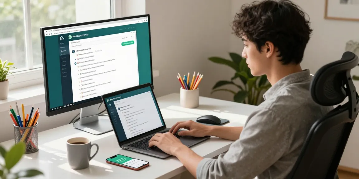 Professional using WhatsApp電腦版 on a laptop in a stylish home office setup.