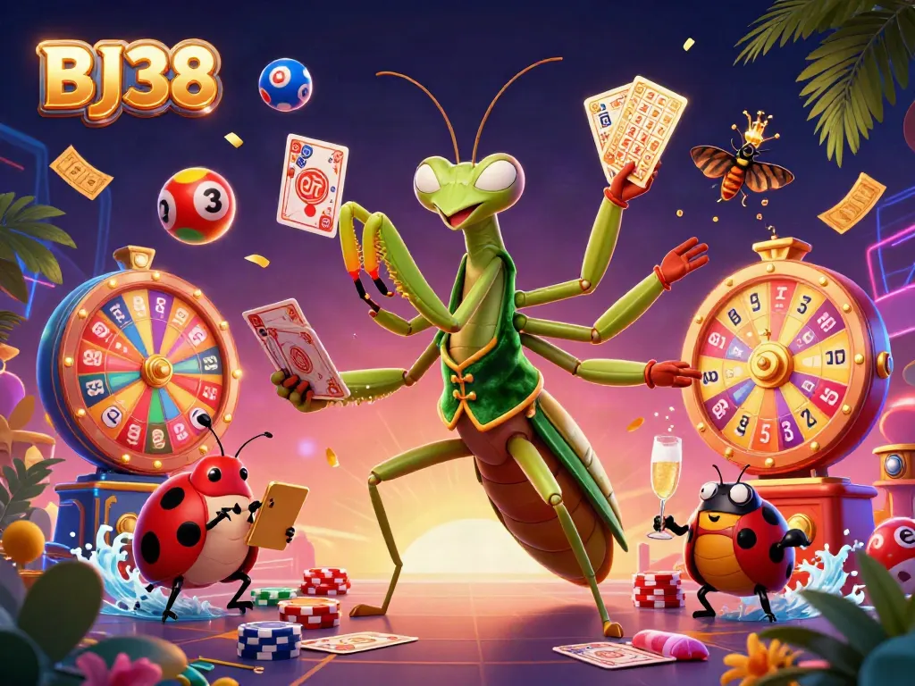 Experience the excitement of gambling at BJ38 with vibrant lottery elements and engaging characters.