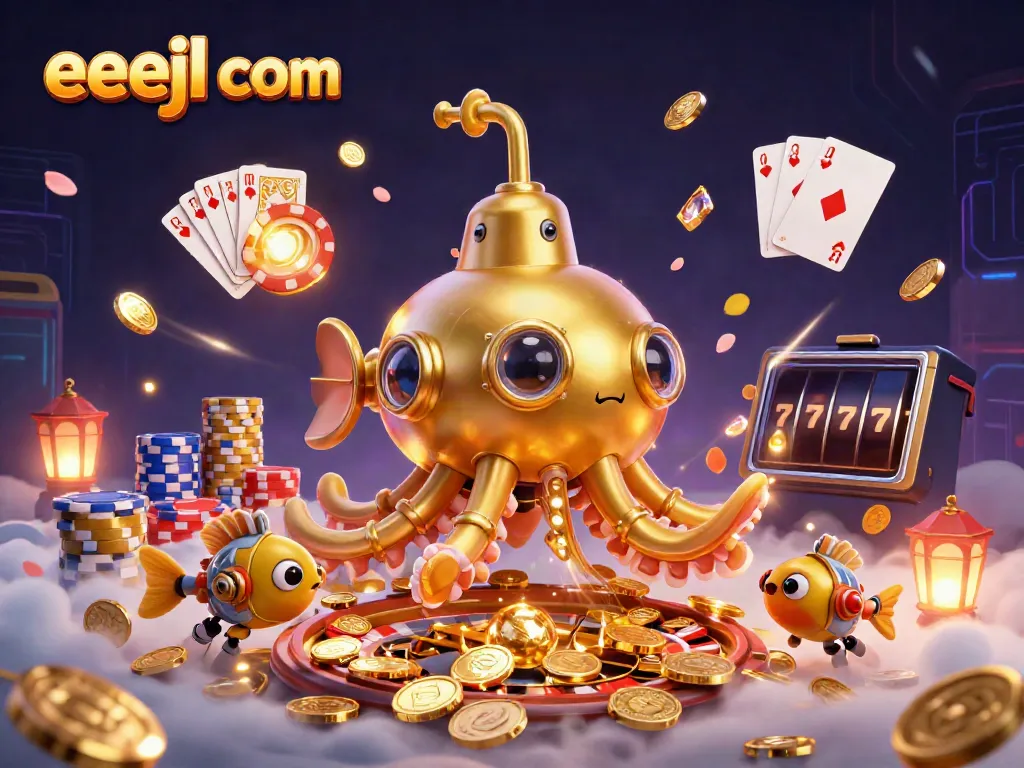 Experience the excitement of eejl com with a dynamic scene of gaming elements and a golden kraken submarine.