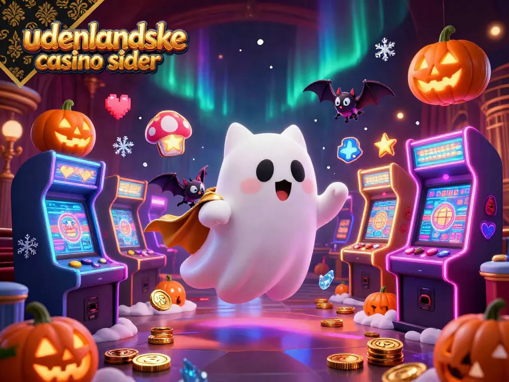 Engage with udenlandske casino sider through a lively 3D illustration showcasing a ghost cat and bat in a vibrant casino.