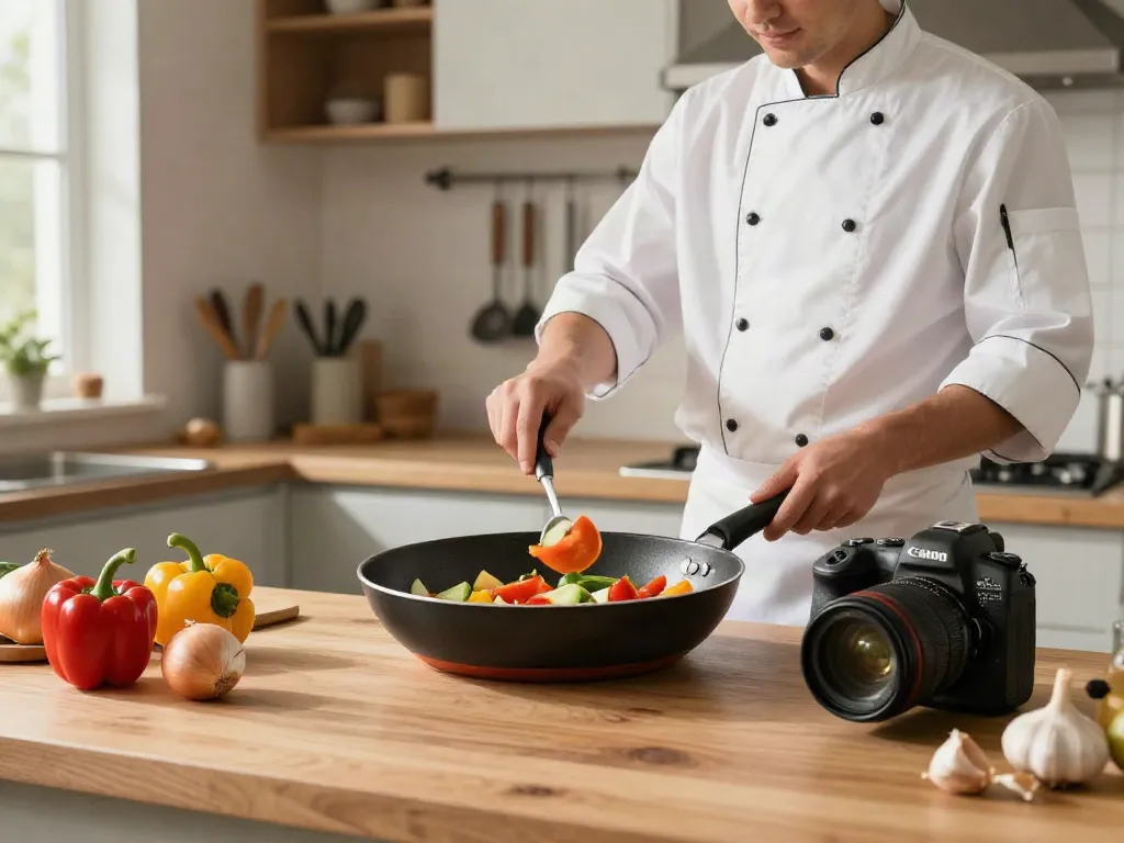 Non-Stick Cookware price in bangladesh represented by a chef sautéing fresh vegetables in a vibrant kitchen.
