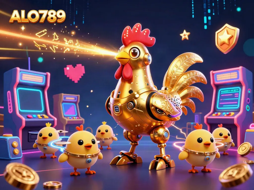 Experience ALO789 with a dynamic 3D illustration of a golden rooster robot amidst vibrant casino elements.