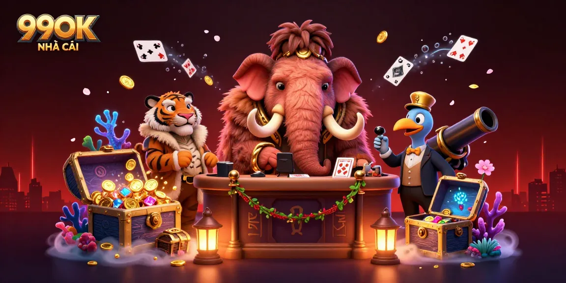 Enter the vibrant world of 99OK NHÀ CÁI with a dynamic 3D illustration featuring a woolly mammoth bouncer.
