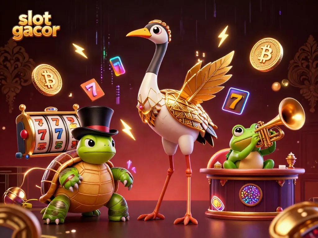Experience slot gacor excitement with animated characters, lucky jackpots, and neon currency in a vibrant casino scene.