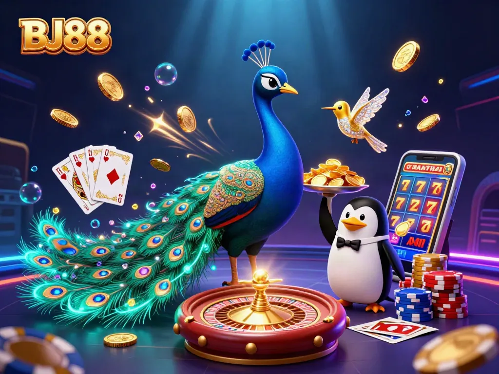 BJ88 casino scene with an aristocratic peacock, a butler penguin, and a golden hummingbird amidst dynamic gaming elements.