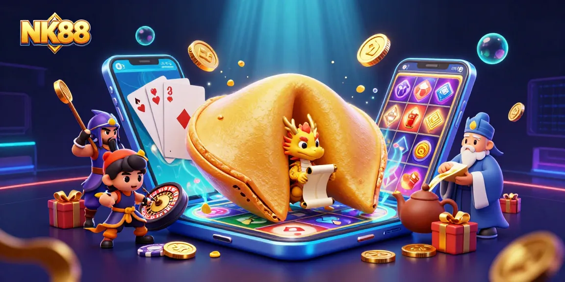 Engage with NK88's thrilling slot experience featuring a golden fortune cookie and vibrant game elements.