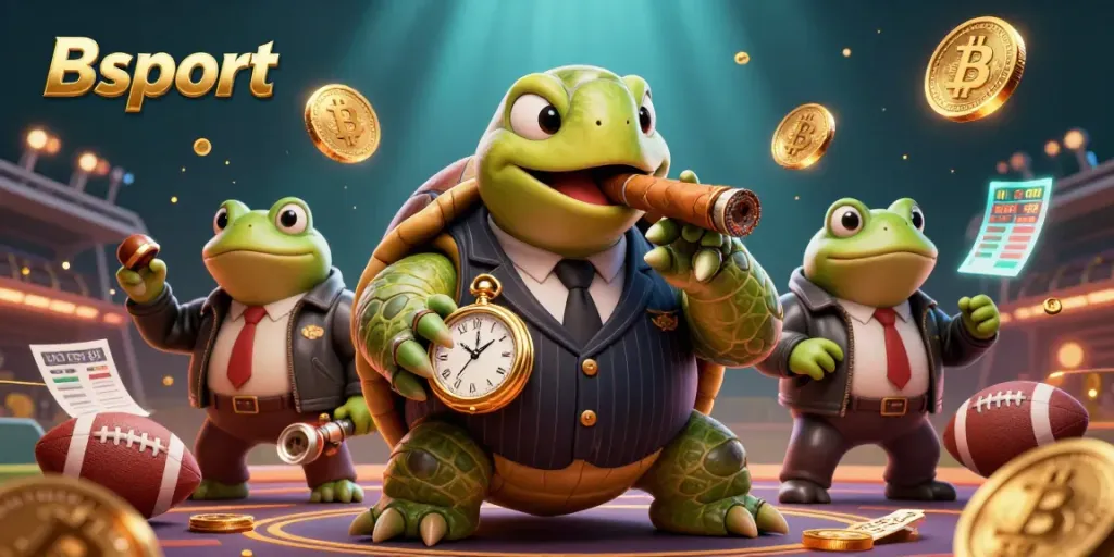 Engage in sports betting excitement with Bsport, embodied by a cartoon turtle mobster surrounded by vibrant gambling elements.