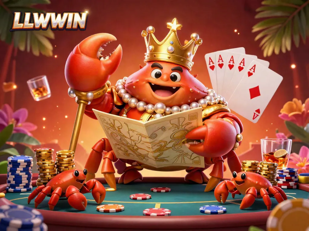 Experience LLWWIN's vibrant casino atmosphere with animated crab emperor, poker elements, and colorful chips.
