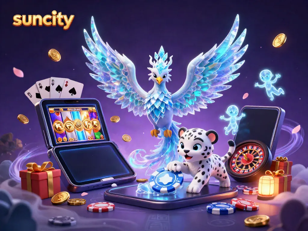 Experience the thrill of suncity games with a vibrant 3D illustration showcasing playful characters and lively casino elements.