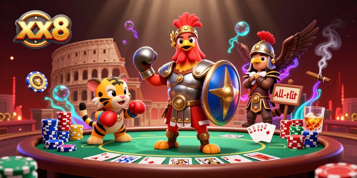 Engage in xx8 poker action with a lively 3D scene showcasing characters and vibrant casino elements.