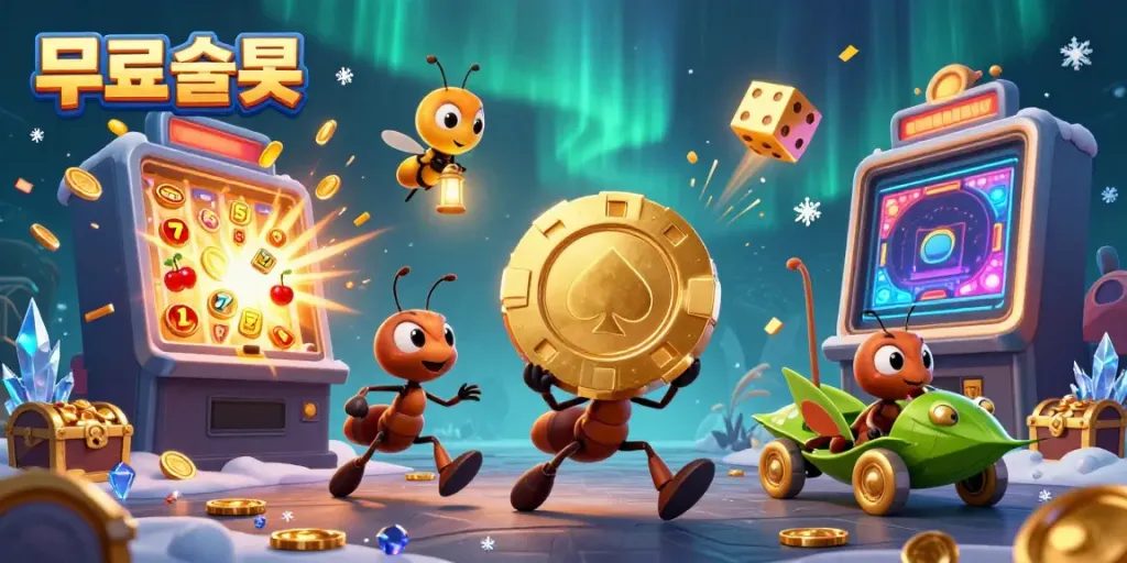 Engage with 무료슬롯 as playful ants navigate a heist amidst vibrant casino symbols and dynamic elements.