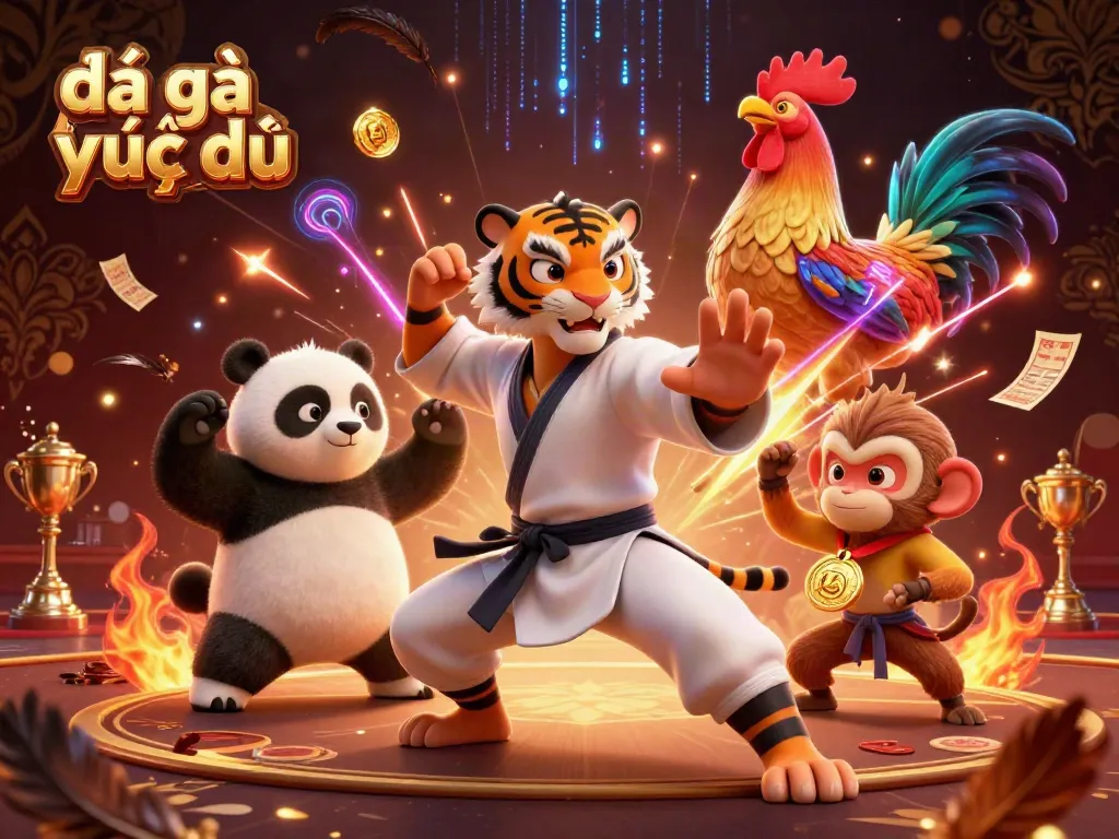 Watch đá gà trực tiếp in an action-packed arena with kung fu characters and dynamic elements.