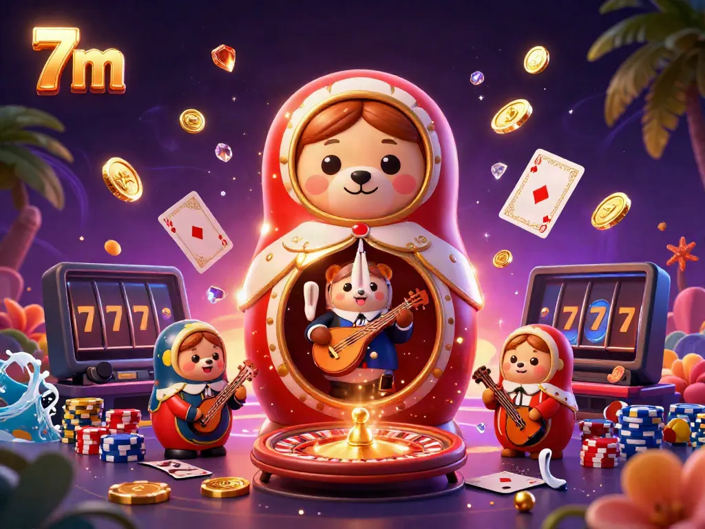 Experience the excitement of 7m with vibrant casino elements and characters in a 3D illustration.