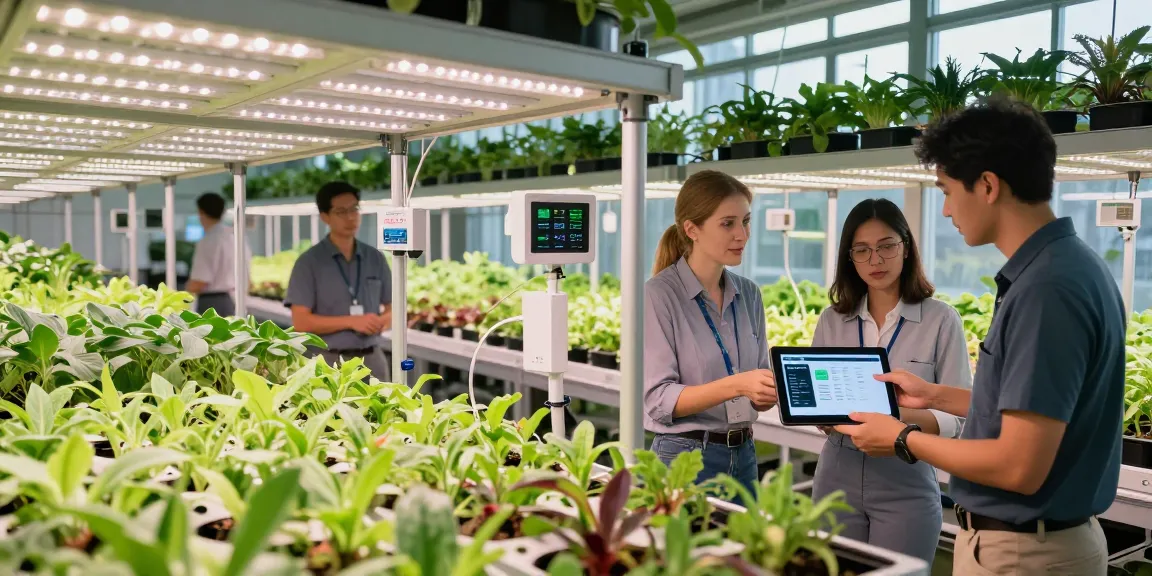 CIKA4D team collaborating in an innovative indoor agriculture facility, showcasing advanced grow lights and lush plants.