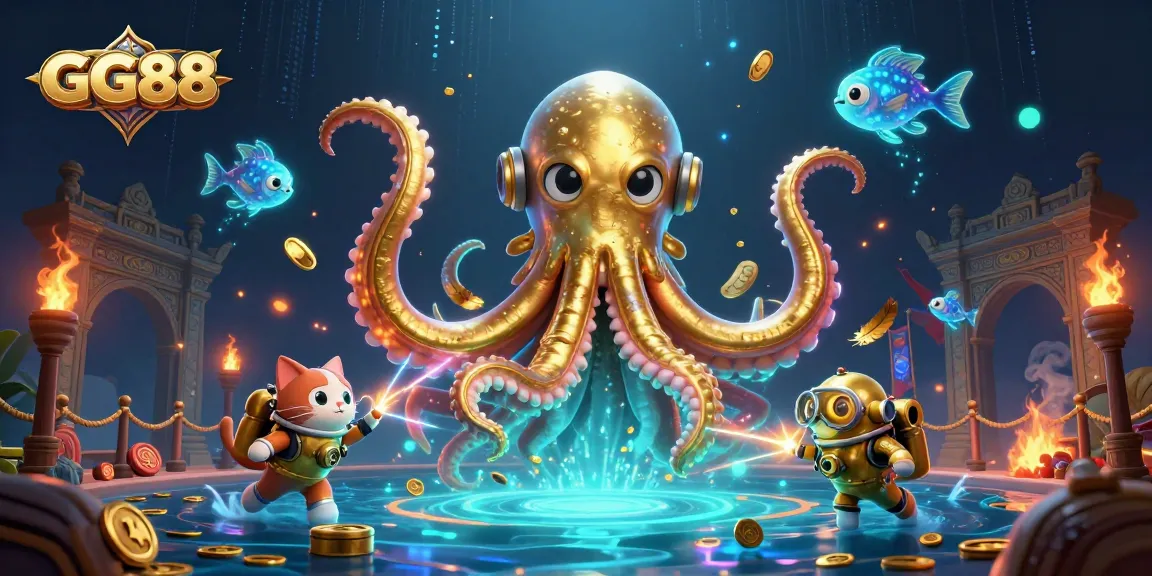 Experience the thrilling world of GG88 with a dynamic 3D scene featuring a kraken and immersive gambling elements.