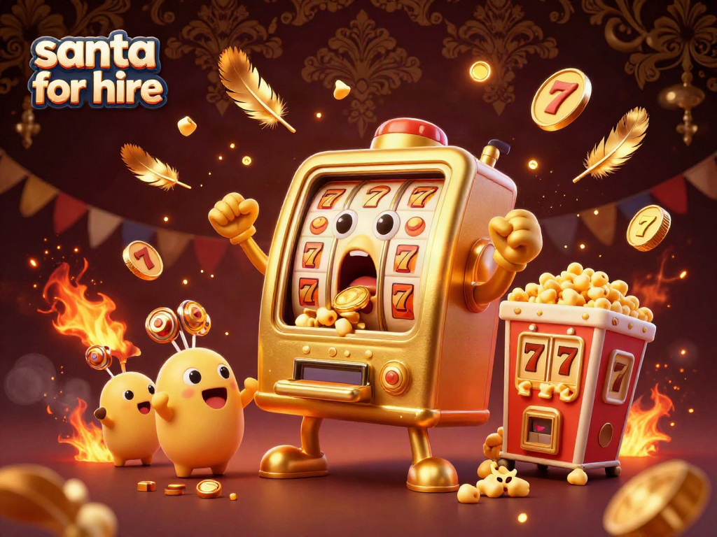 Experience the thrill of winning with a vibrant scene of "santa for hire" featuring a golden slot machine jackpot celebration.