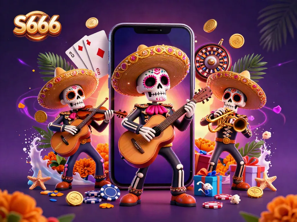S666 skeleton mariachi band celebrating with casino elements, vibrant colors, and 3D digital thrills.