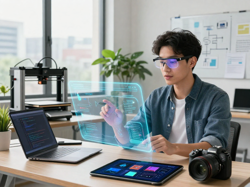 Motchill tech workspace featuring a professional using a holographic interface among modern gadgets, ideal for innovation.