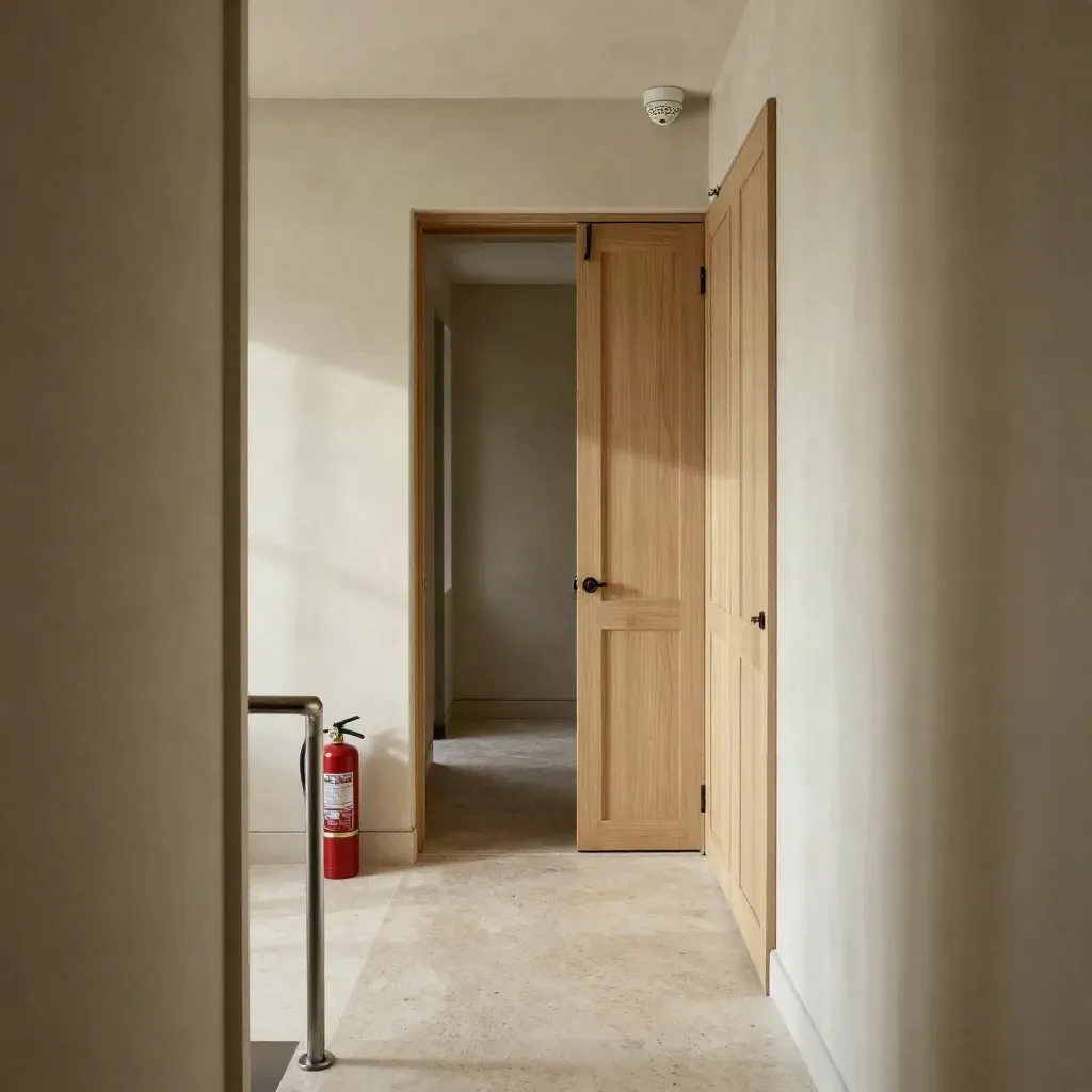 Heller Hausflur mit zwei Rauchmeldern, Feuerlöscher und freiem Fluchtweg