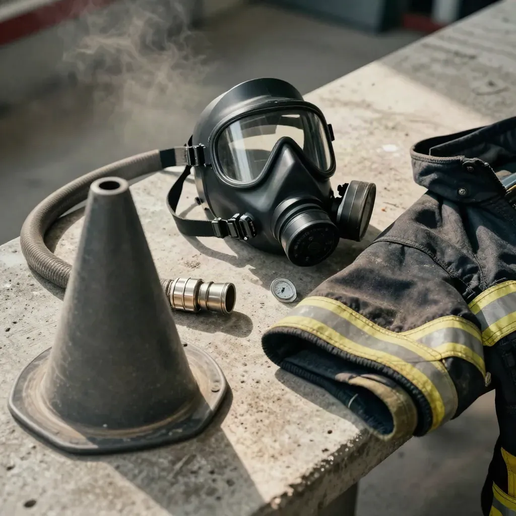 Atemschutzmaske, Manometer, Schlauch und Einsatzjacke auf einer Betonbank im Feuerwehr-Training