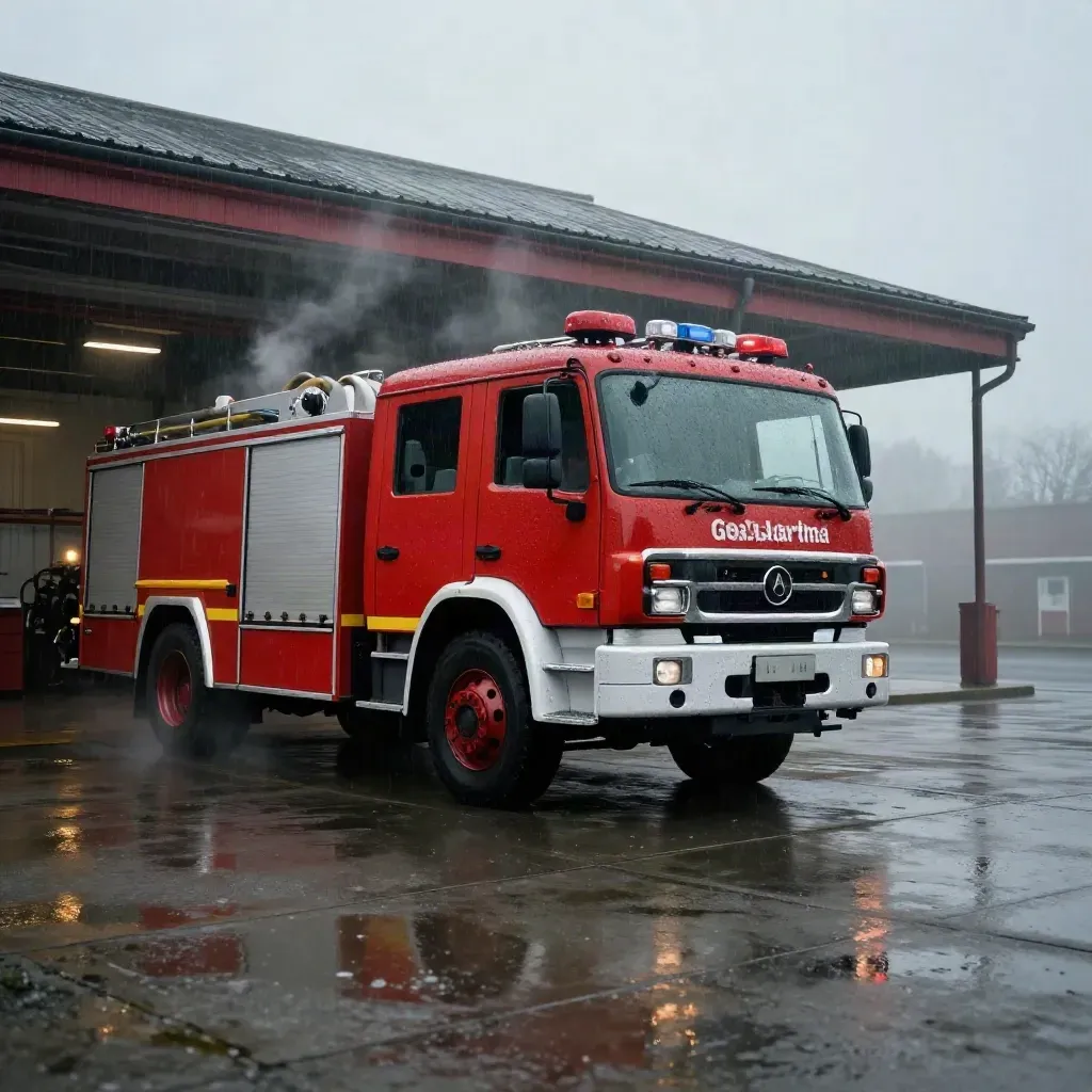 Feuerwehrwagen vor dem Depot im Morgengrauen, mit Dampf und nasser Einfahrt