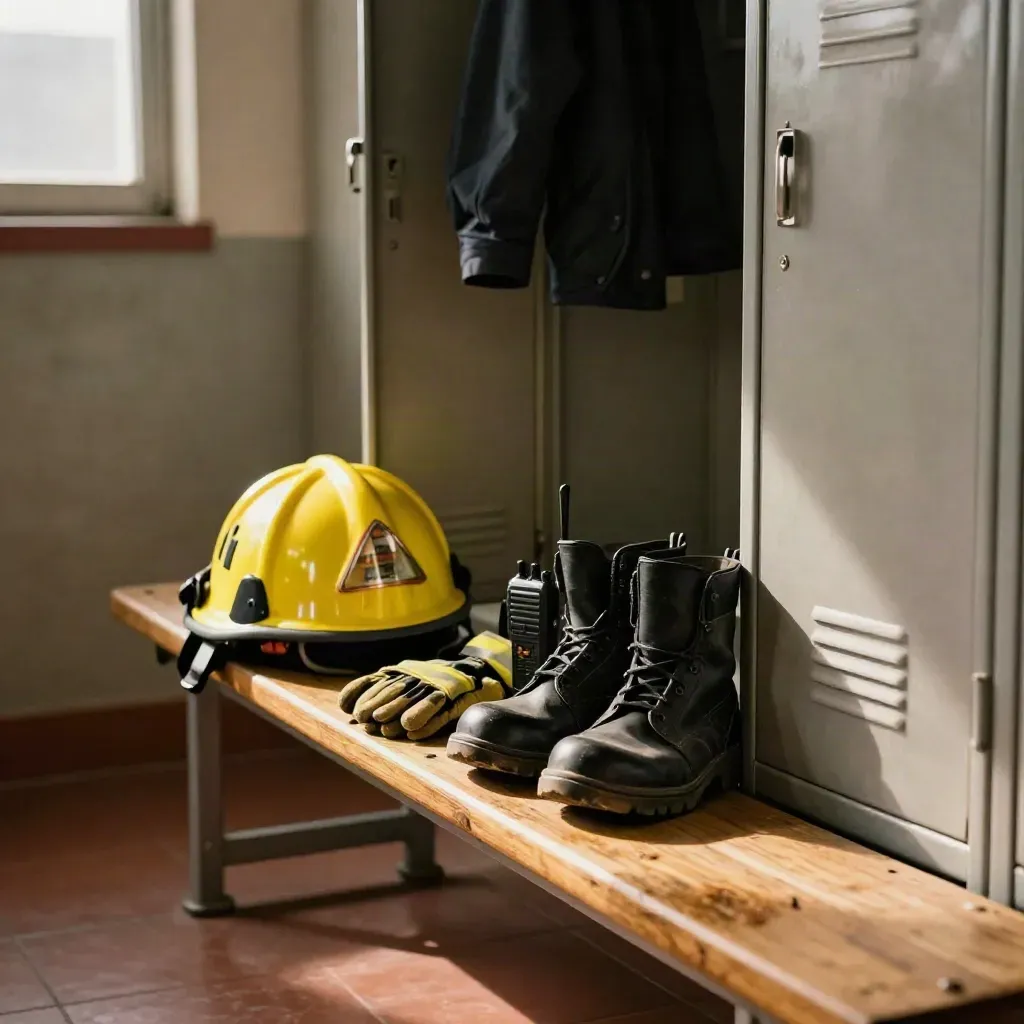 Leerer Feuerwehr-Spind mit Helm, Stiefeln, Handschuhen und Funkgerät