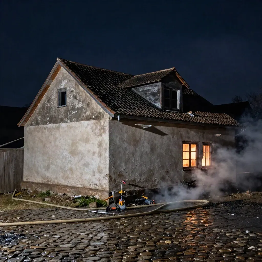 Rauchgeschwärzter Bauernhof mit nassem Hof und liegendem Schlauch nach dem Feuer