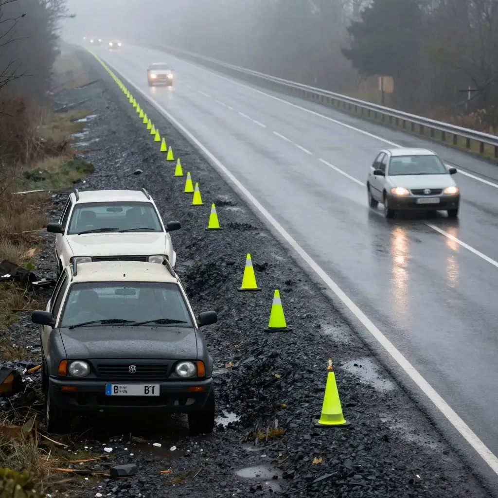 Nach Einsatz auf der B6: geräumte Fahrbahn, zwei Fahrzeuge am Rand, Kegel und Regenmist.
