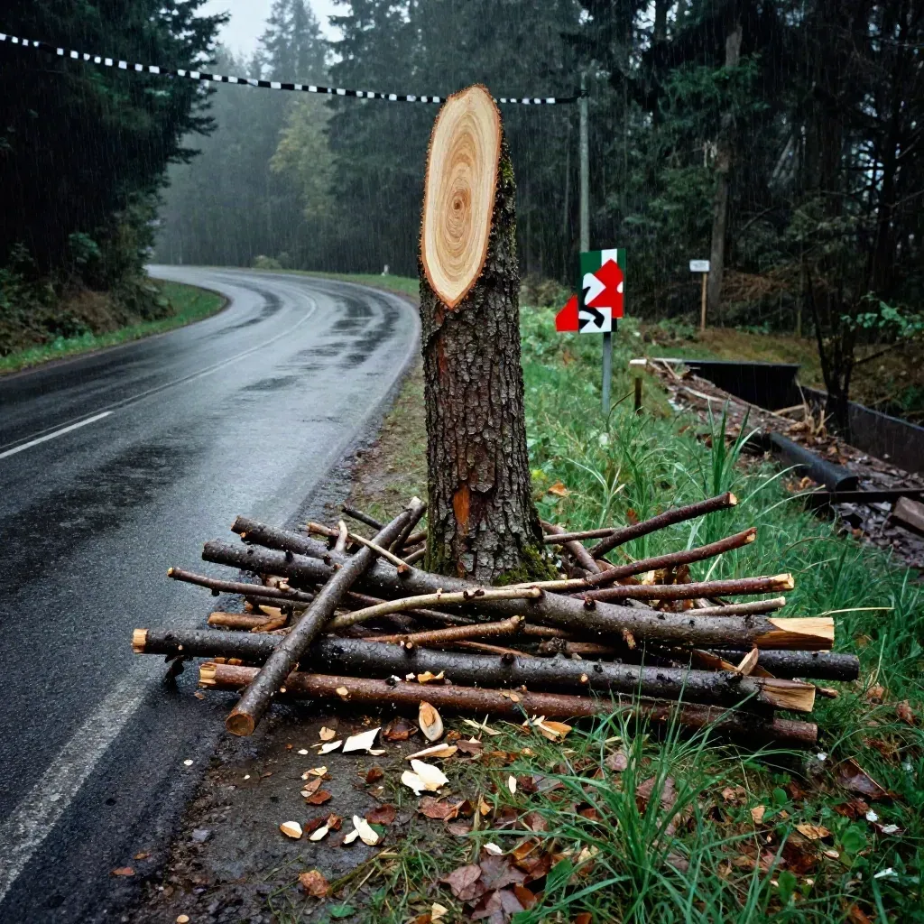 Freigeräumte Ortsrandkurve mit Baumstamm, Aststapeln und sicherer Leitung nach dem Sturm
