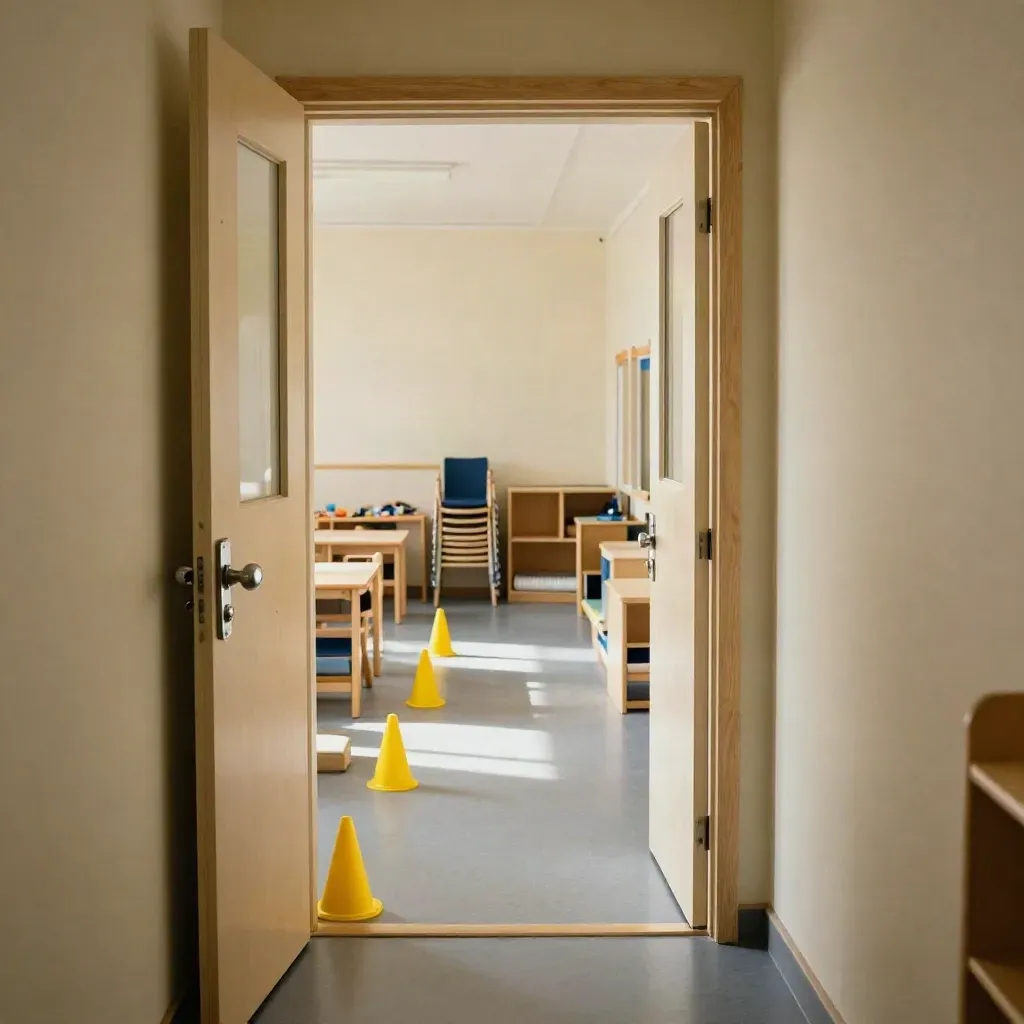 Leerer Kindergartenflur mit gelben Markierungshütchen und freiem Fluchtweg im Sonnenlicht.