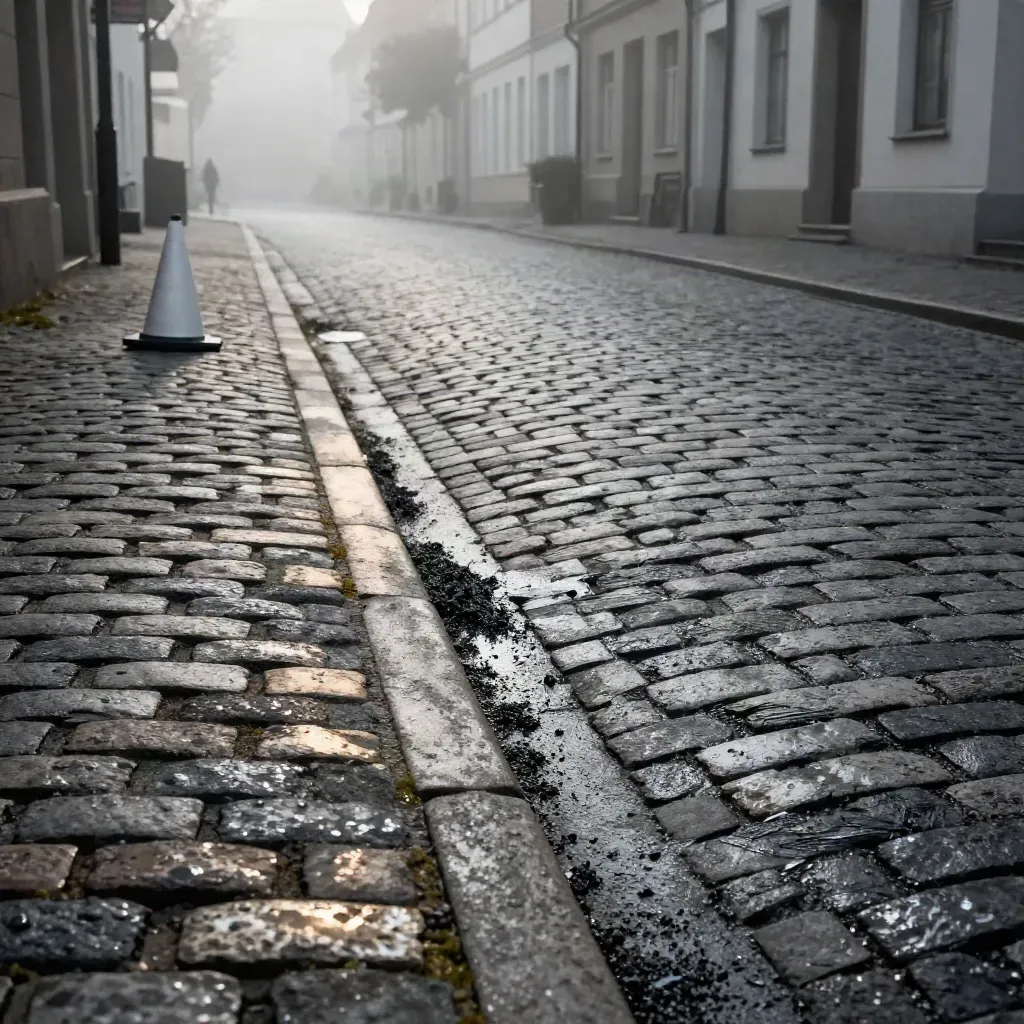 Gereinigte Kopfsteinpflasterstraße in der Ortsmitte, Warnkegel am Rand, alles wieder sicher.