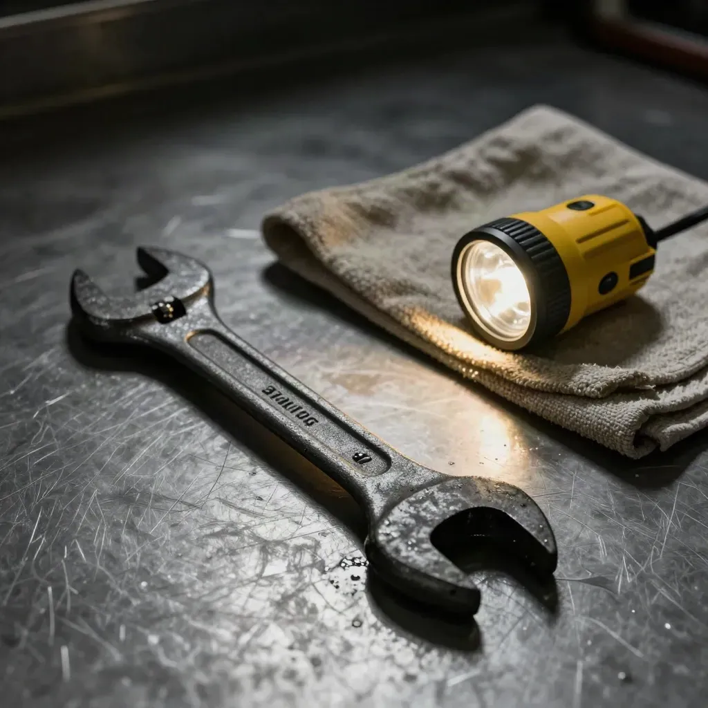 Werkzeug-Makro mit Schraubenschlüssel, Schlauchdichtung, Lampe und Lappen auf Stahltisch