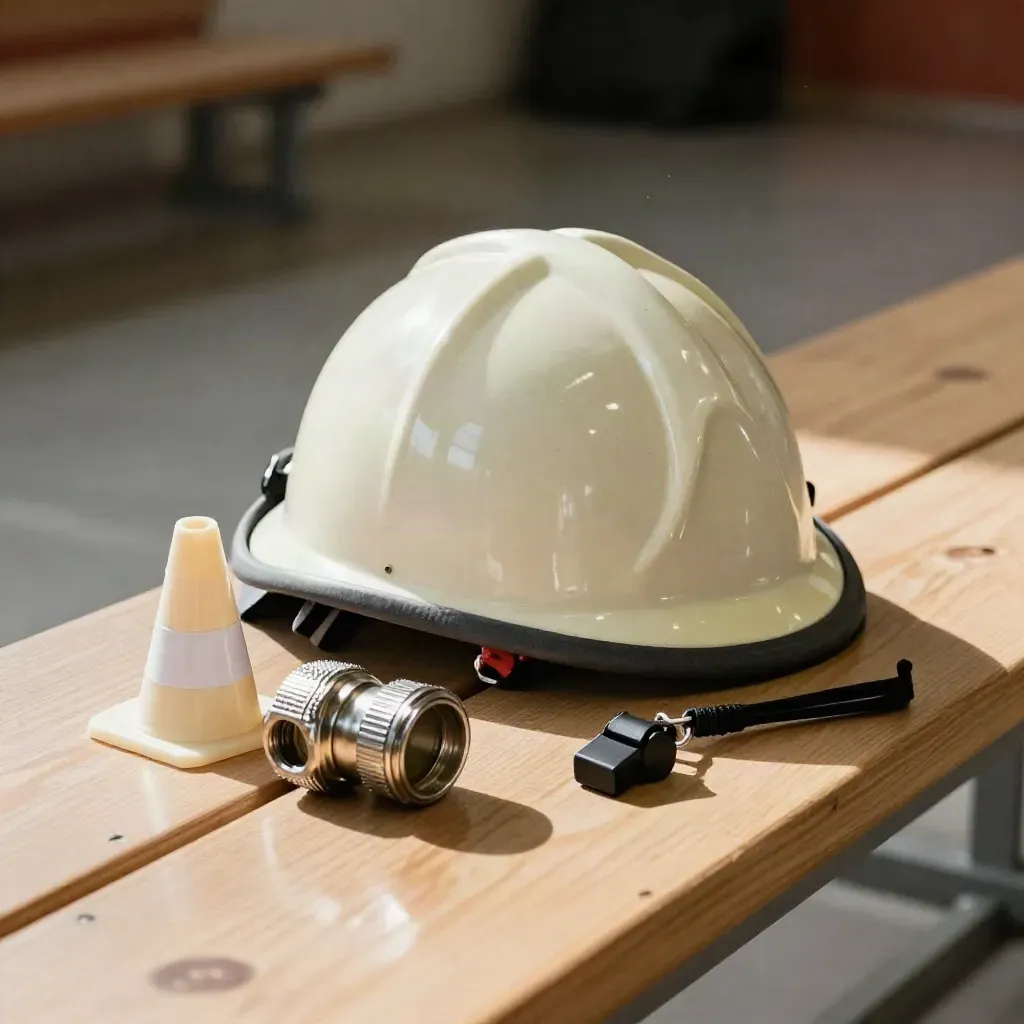 Jugend-Helm, Pylone, Kupplung und Pfeifenkordel auf heller Holzbank im Geräteraum.