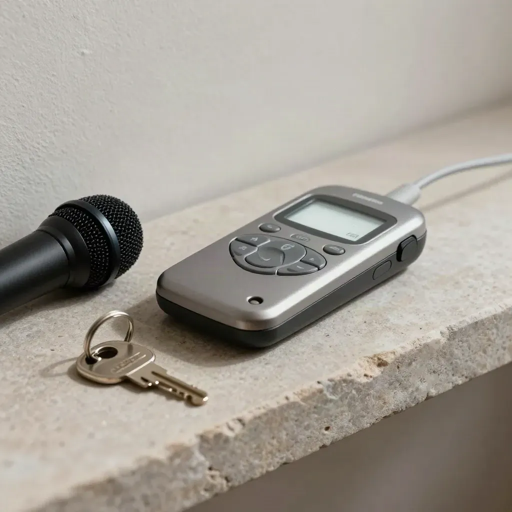 Pager auf Ladestation neben Funkmikro und Hausschlüsselring auf Steinsims