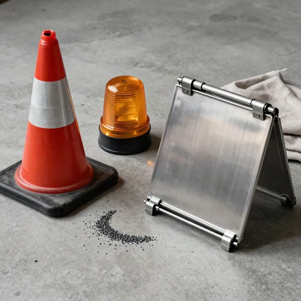 Von oben: Leitkegel, Warnleuchte, Streugut und Klappmarker auf Metallschale.