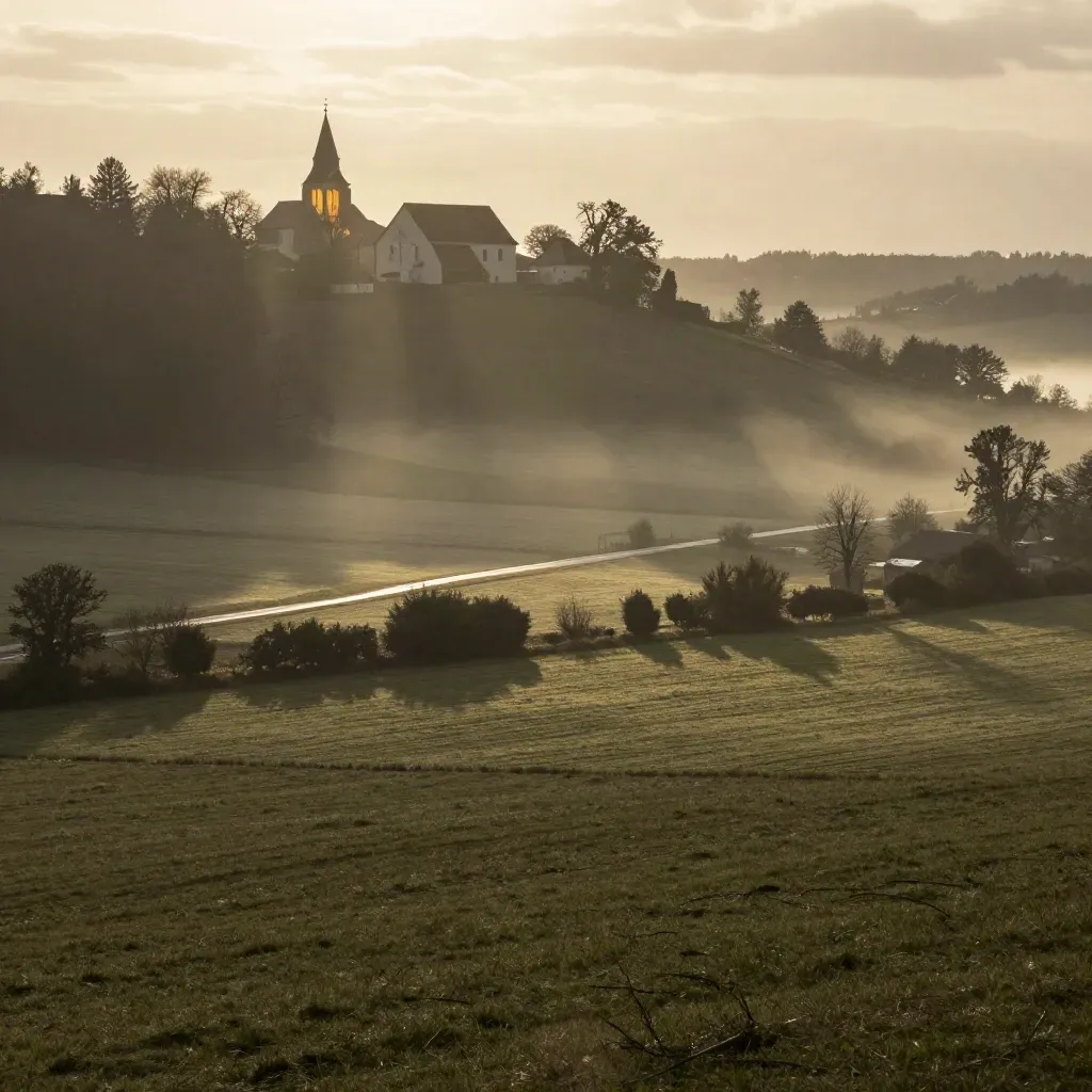Kirchturm und Dorf im warmen Sonnenlicht über nasser Hügellandschaft bei Schmölln-Putzkau.