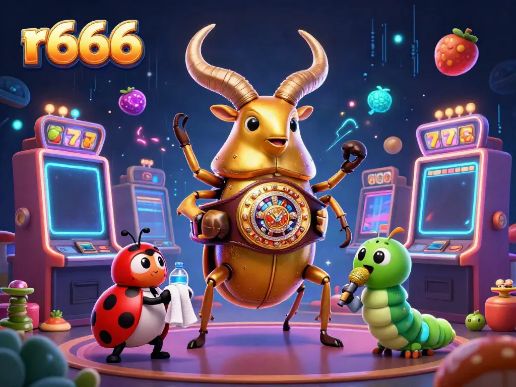 Join the fun at r666 with a lively scene of a golden stag beetle and friends in a vibrant casino.