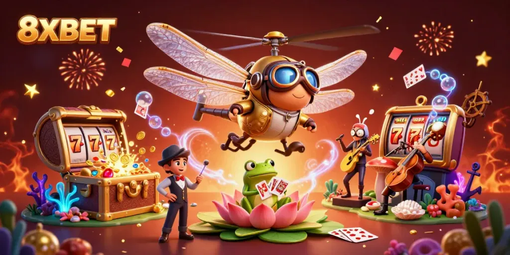 Immerse in 8XBET's vibrant casino experience with a dragonfly pilot and frog croupier amidst dynamic gaming elements.