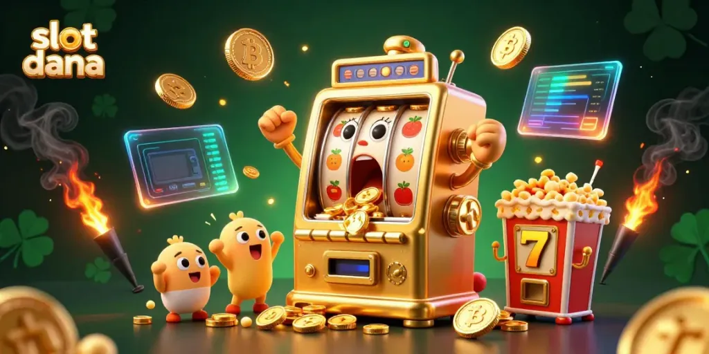 Gambarkan slot dana dengan mesin slot emas ceria yang menang jackpot dan koin berjatuhan, dikelilingi elemen kasino.