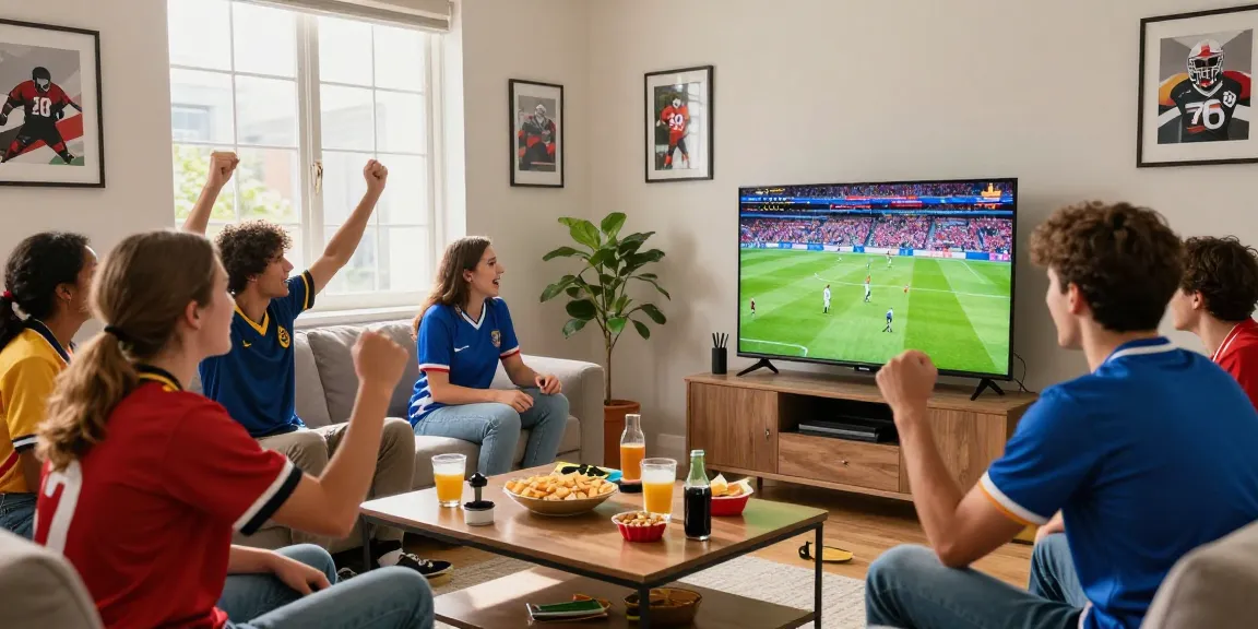 A group of friends enjoying a live football match on ihdsports.com with snacks and drinks in a bright living room.