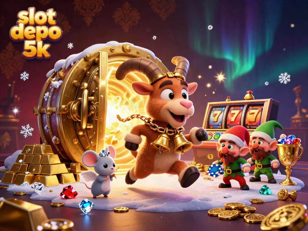 Experience thrills with slot depo 5k in a dynamic casino scene, featuring playful characters and vibrant elements.