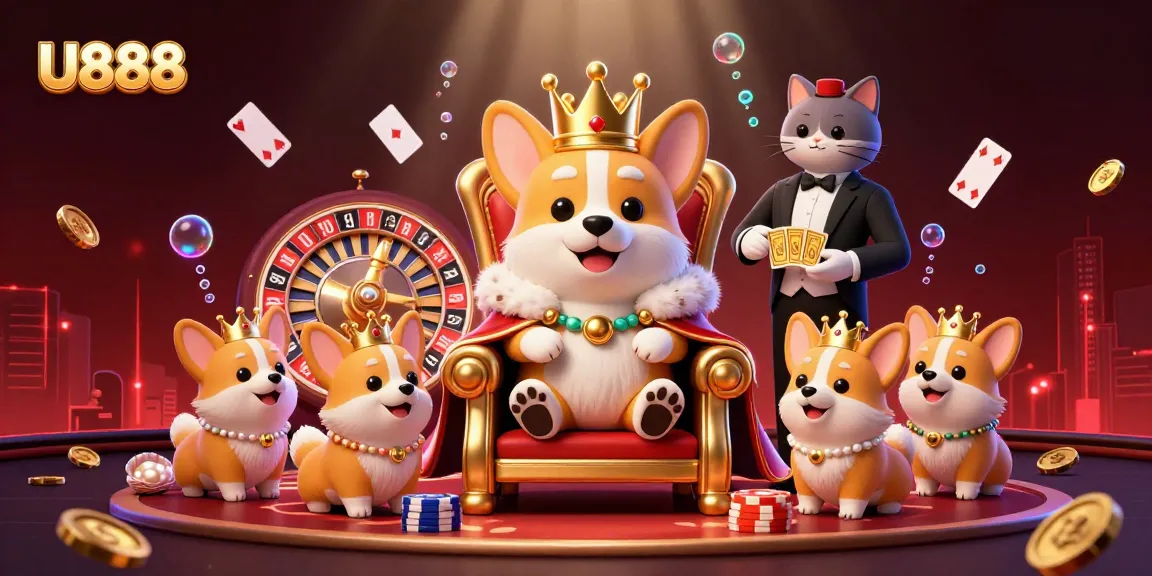 Experience U888 with a royal corgi and cat butler amidst a vibrant casino atmosphere.