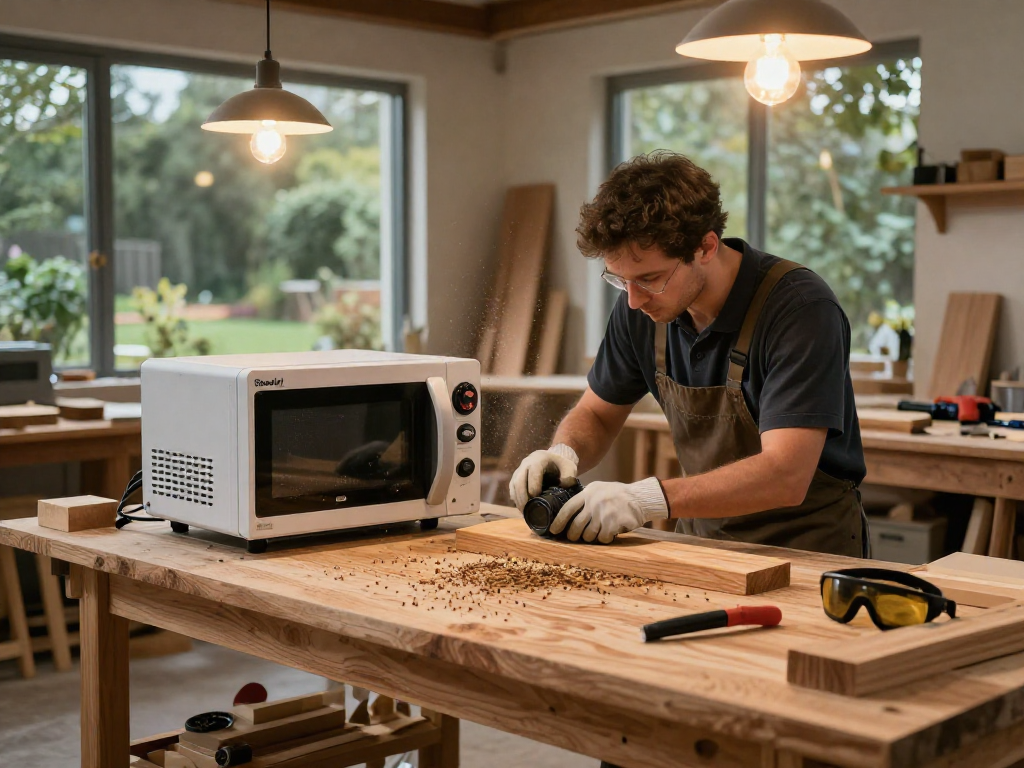 Technician using Shashel equipment for quick woodworm elimination in a modern workshop.