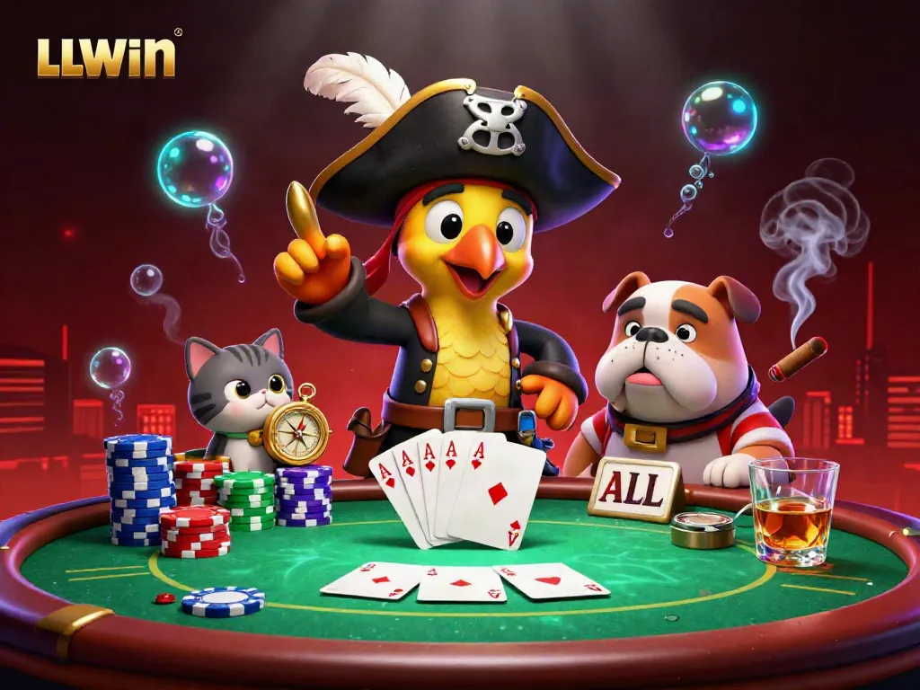 Experience thrilling excitement at LLWIN with a vibrant 3D illustration showcasing a pirate captain, bulldog, and cat surrounded by poker action.