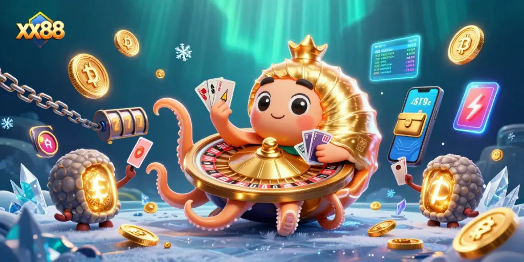 Engage with xx88's dynamic casino imagery showcasing a 3D nautilus roulette and vibrant crypto elements.