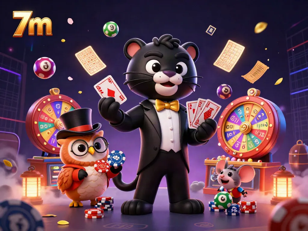 Engage with 7m's vibrant casino scene featuring a stylish panther dealing cards amidst colorful game elements.