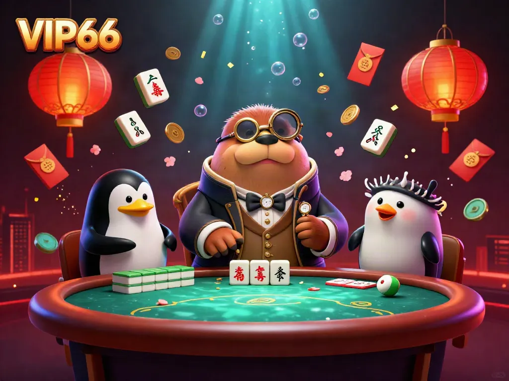 VIP66 walrus playing at an underwater poker table with a penguin dealer and a pufferfish player, showcasing rich casino elements.