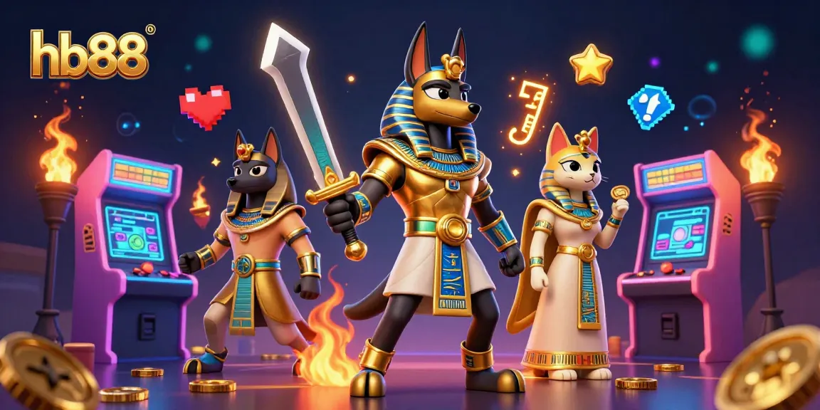 Experience thrilling gaming at hb88 with Anubis and Bastet amidst vibrant casino elements.