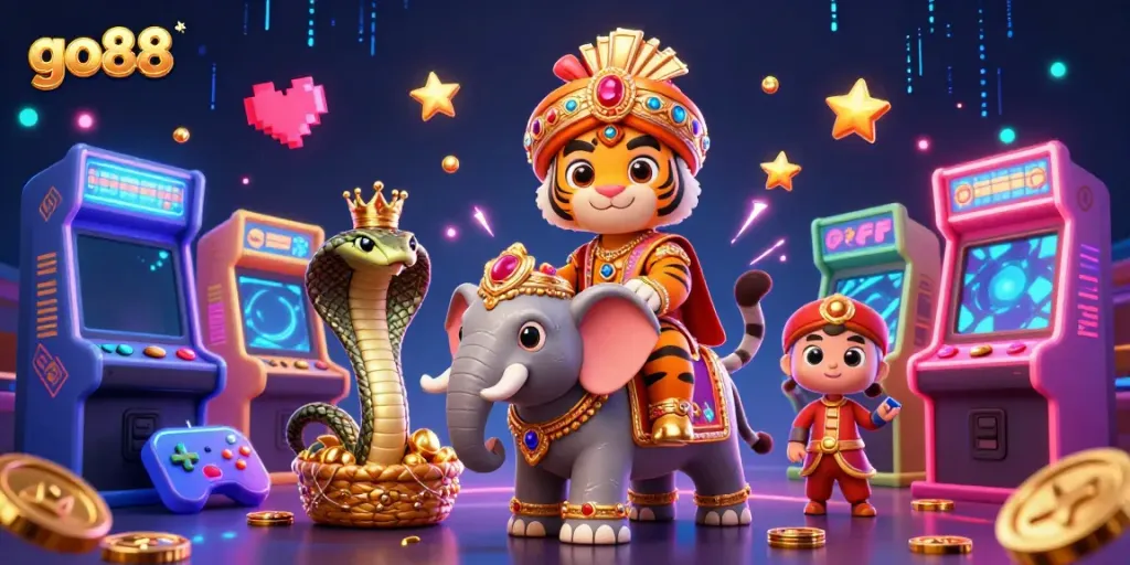 Experience go88's vibrant gaming scene with a jewel-encrusted elephant and a mystical cobra in action.