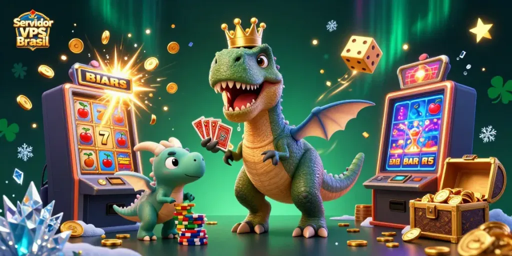 Engaging scene showcasing a T-Rex and friends celebrating with casino gaming elements, promoting Servidor VPS Brasil.